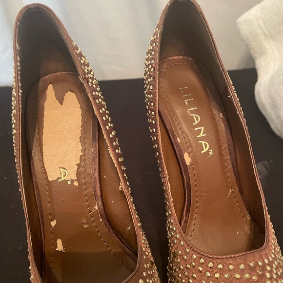 Brown Liliana Open Toe Spike Heels with Bling Sz 7.5 - Picture 11 of 12